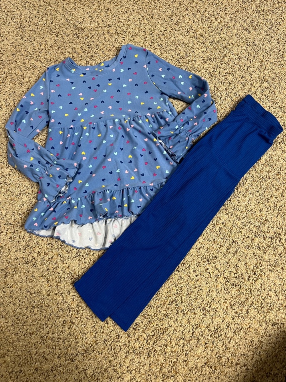 🍀6/$20 Girls Blue Heart-Print Top & Royal Blue Leggings Matching Set
